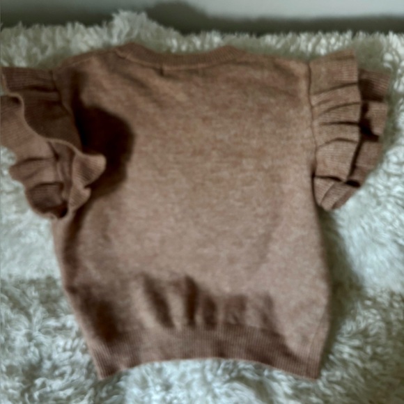 H&M Tan Cottage Core Lace Bib Trim Black Buttons S/S Ruffle Sweater Small - Picture 3 of 6